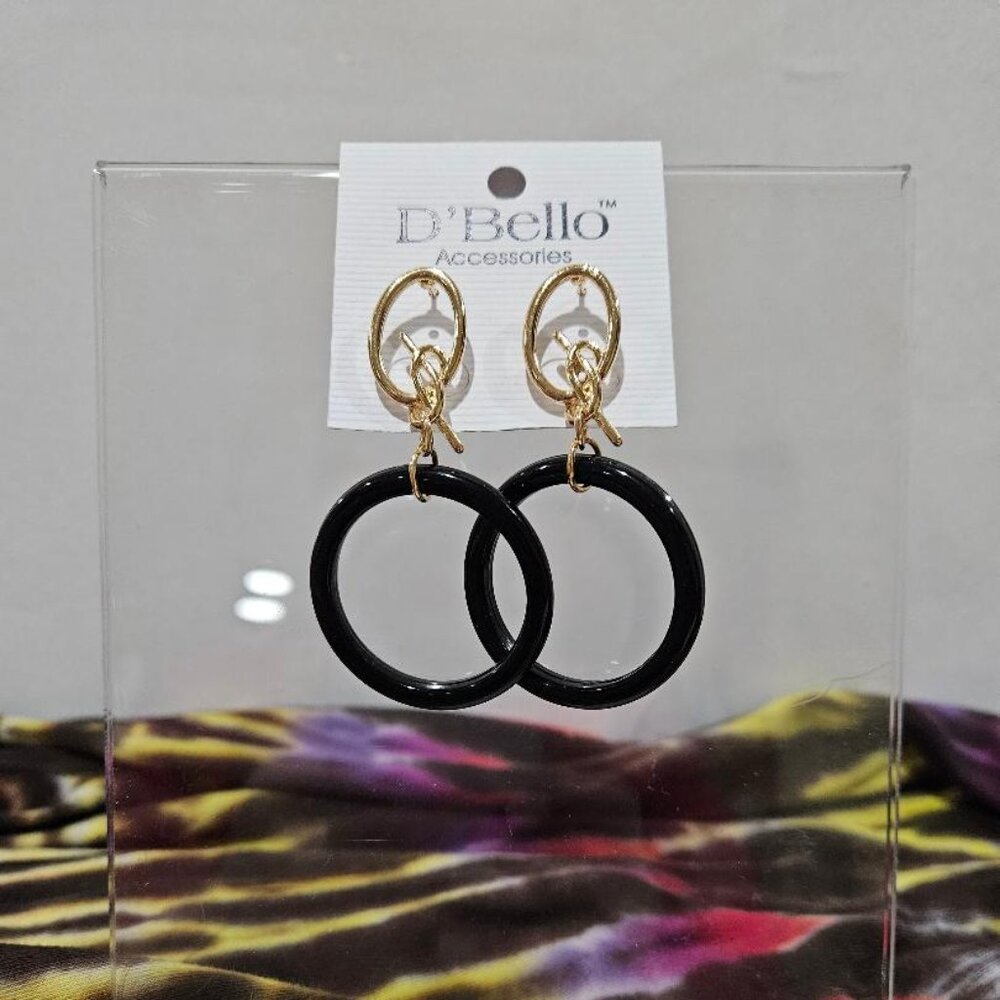 60s Vintage Retro Matte Black Round Open Circle & Gold Twist Dangle Earrings